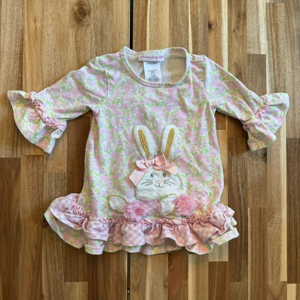 Bonnie Baby Girls Pink Floral Bunny Tunic Top Ruffle‎ Bell Sleeve Easter 24M